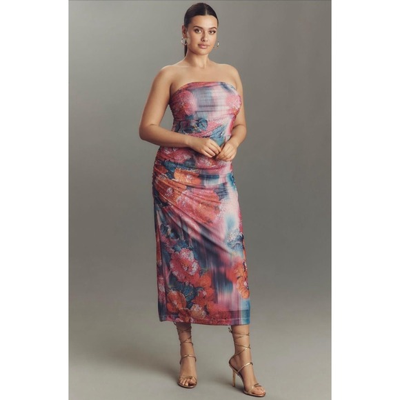 ANTHROPOLOGIE New Soleil Slim Strapless Midi Dress 2X PLUS Ruched Mesh  Floral - cruiseboatoman.com